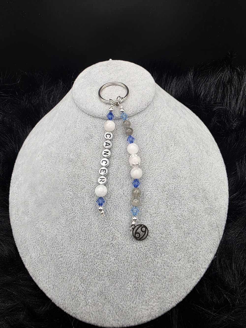 Zodiac Cancer Beaded Keychain in Blue and White